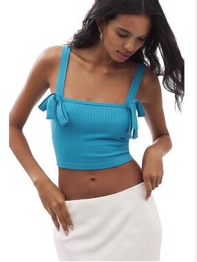 NWT Anthropologie ribbed bright blue cropped tank top with bow detail sz M